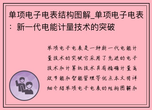 单项电子电表结构图解_单项电子电表：新一代电能计量技术的突破